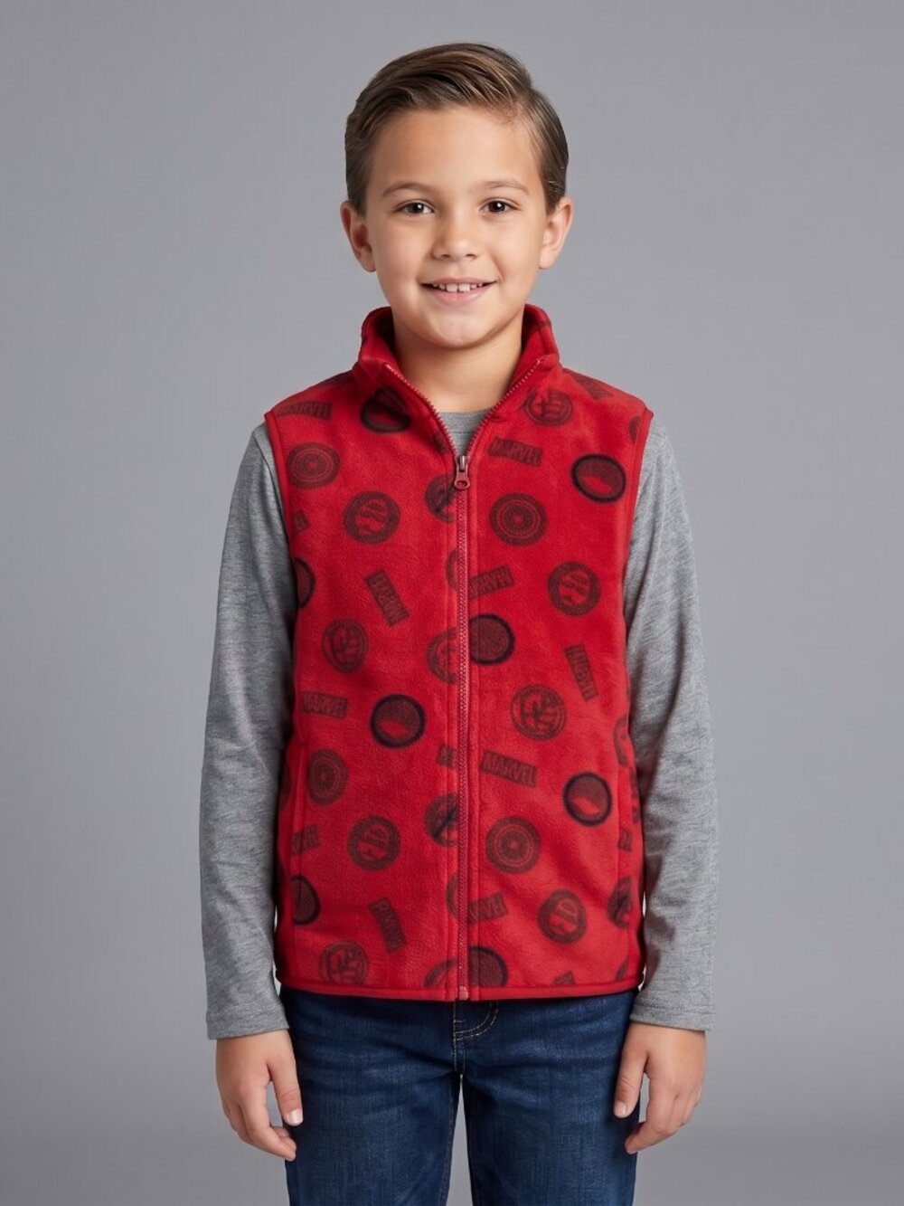 Marvel Kids XL Red Fleece Zip Up Vest Superhero Logo Print Sleeveless Jacket